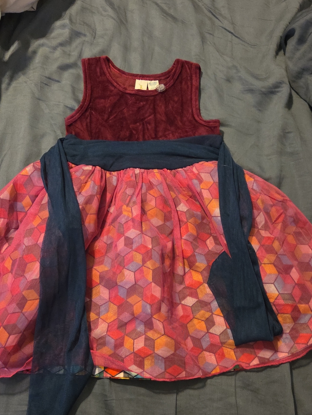 Matilda Jane Girls Maroon Velvet & Pink Geometric Tulle Dress with Navy Sash